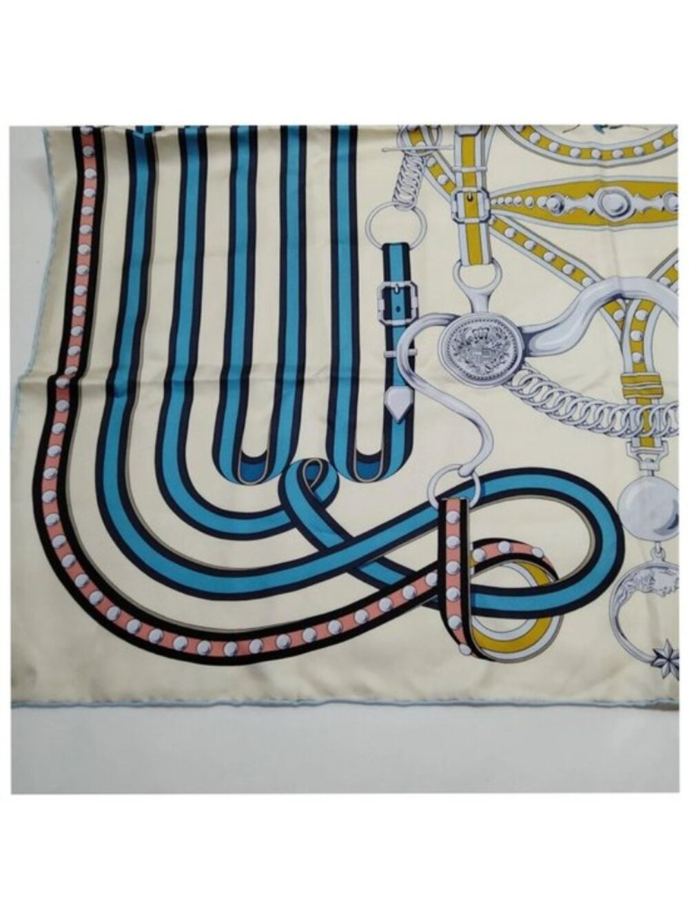 Hermès Mors à la Conétable Carré 90 Silk Scarf Cream Blue Equestrian Vintage - Picture 7 of 10
